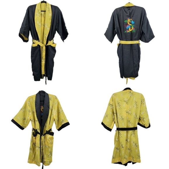 Reversible Kimono Robe L Black Embroidered Dragon Yellow Floral Asian Unisex - Picture 1 of 16